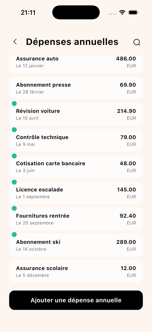 Liste des dépenses annuelles dans Weekflip