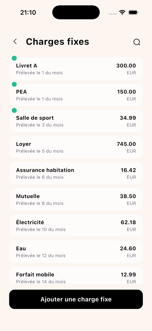 Liste des charges fixes dans Weekflip